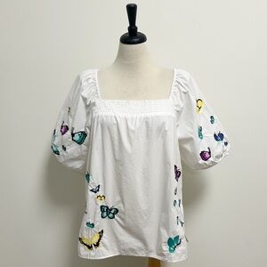 Talbots White Embroidered Butterflies Square Neck Elbow Puff Sleeve Poplin Top
